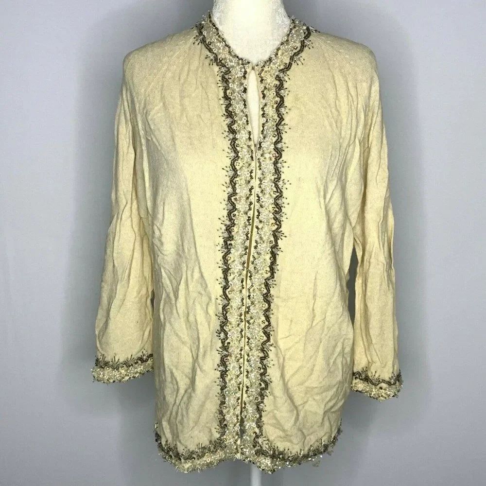 Vintage 50s Beaded Cardigan Sweater M Cream Angora Lambswool For Repair